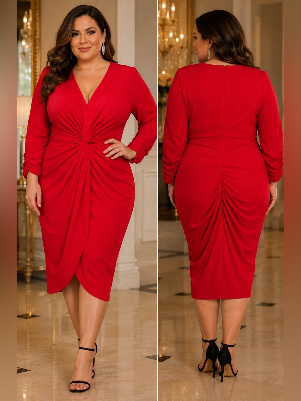 Tadashi Collection Too Red Long Sleeve Ruched Twist Front Midi Dress 1X NWT
